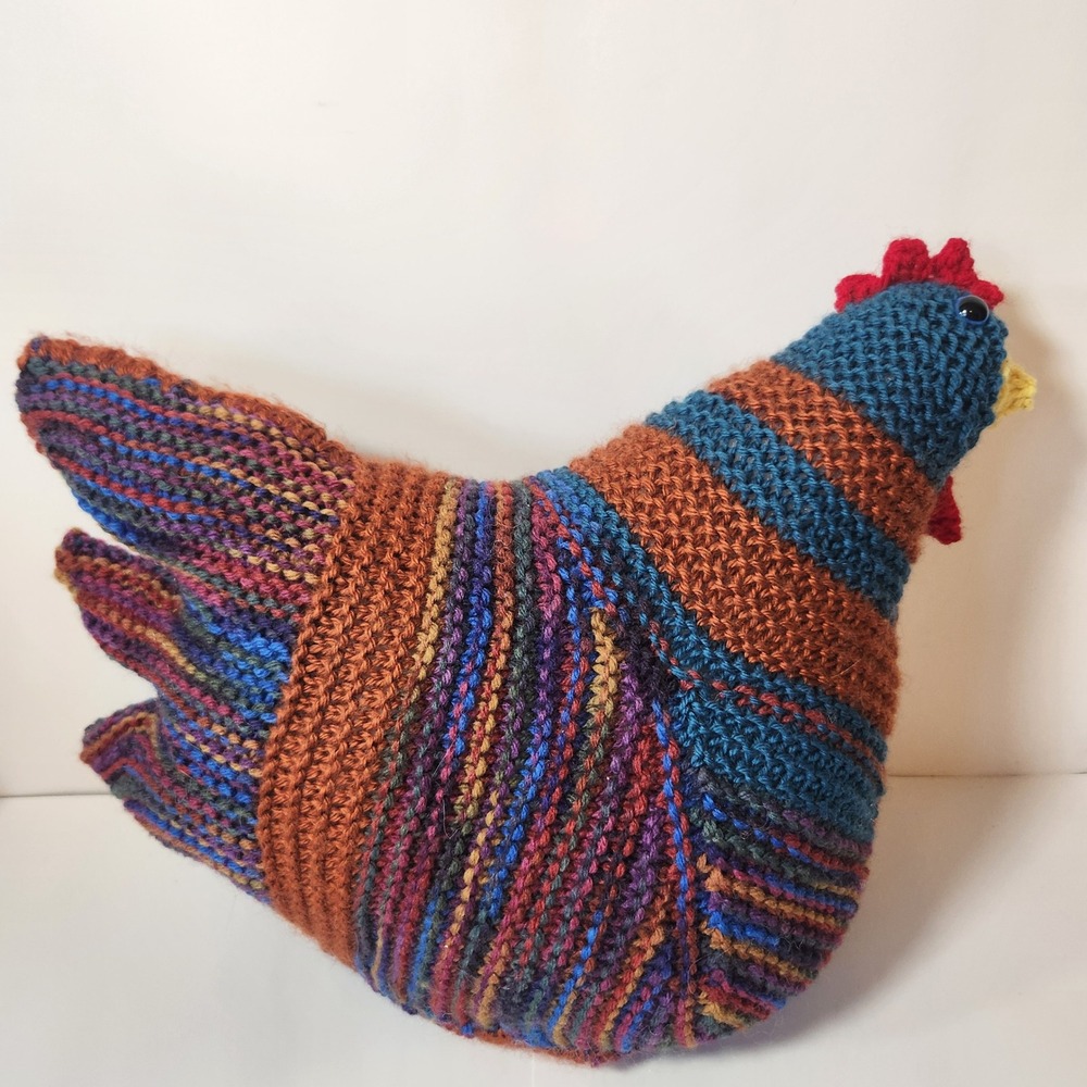 Handmade Knit Chicken Plush Multi-Color Striped Farmhouse‎ Hen Decor 13"